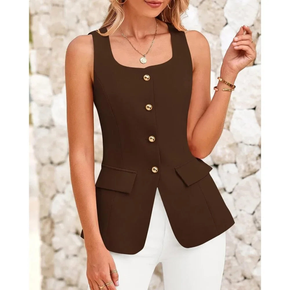 Women's Coffee Sleeveless Suit Vests Dressy Casual Square Neck Business Work